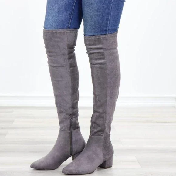 Pointy Toe Over The Knee Gray Boots Faux Suede - Picture 10 of 12